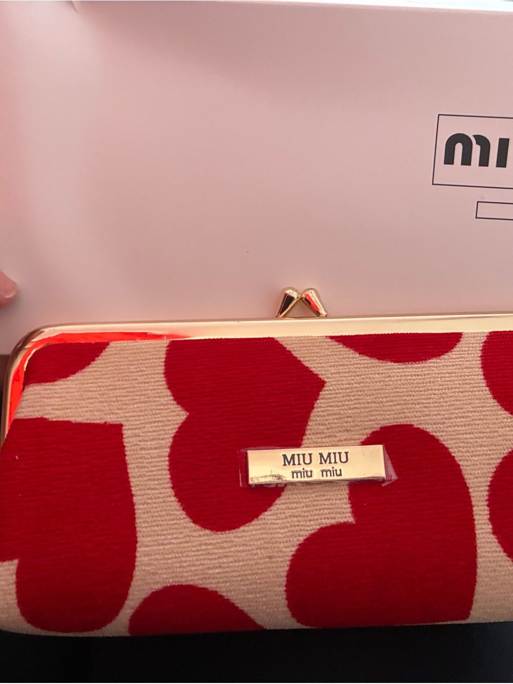 Miu Miu Red and Beige Heart-Print Frame Clutch